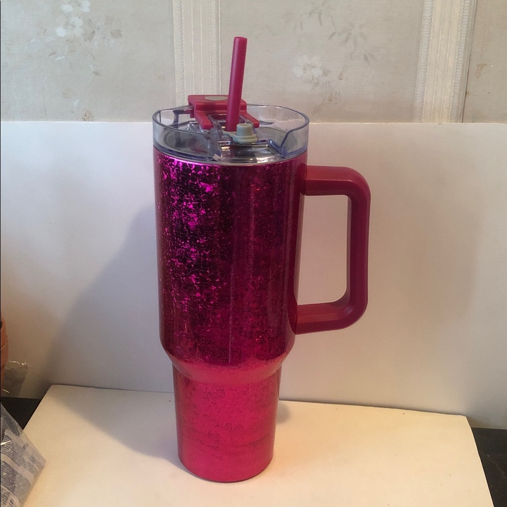Glitter Hot Pink Insulated Travel Mug with Handle and Straw